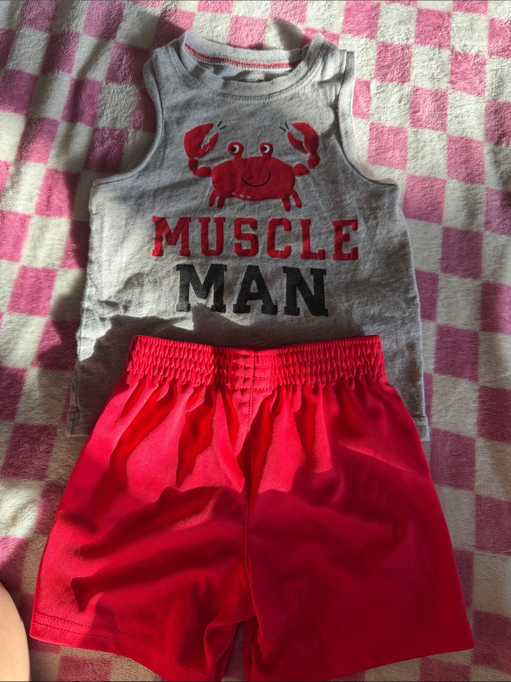 Gray 'Muscle Man' Crab Tank and Red Athletic Shorts Set